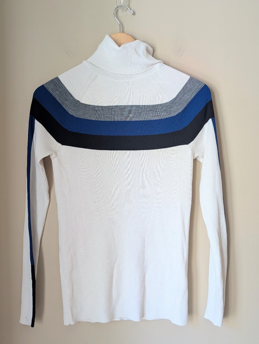 Athleta Cream Wool Blend Turtleneck Sweater with Grey And Blue Stripe
